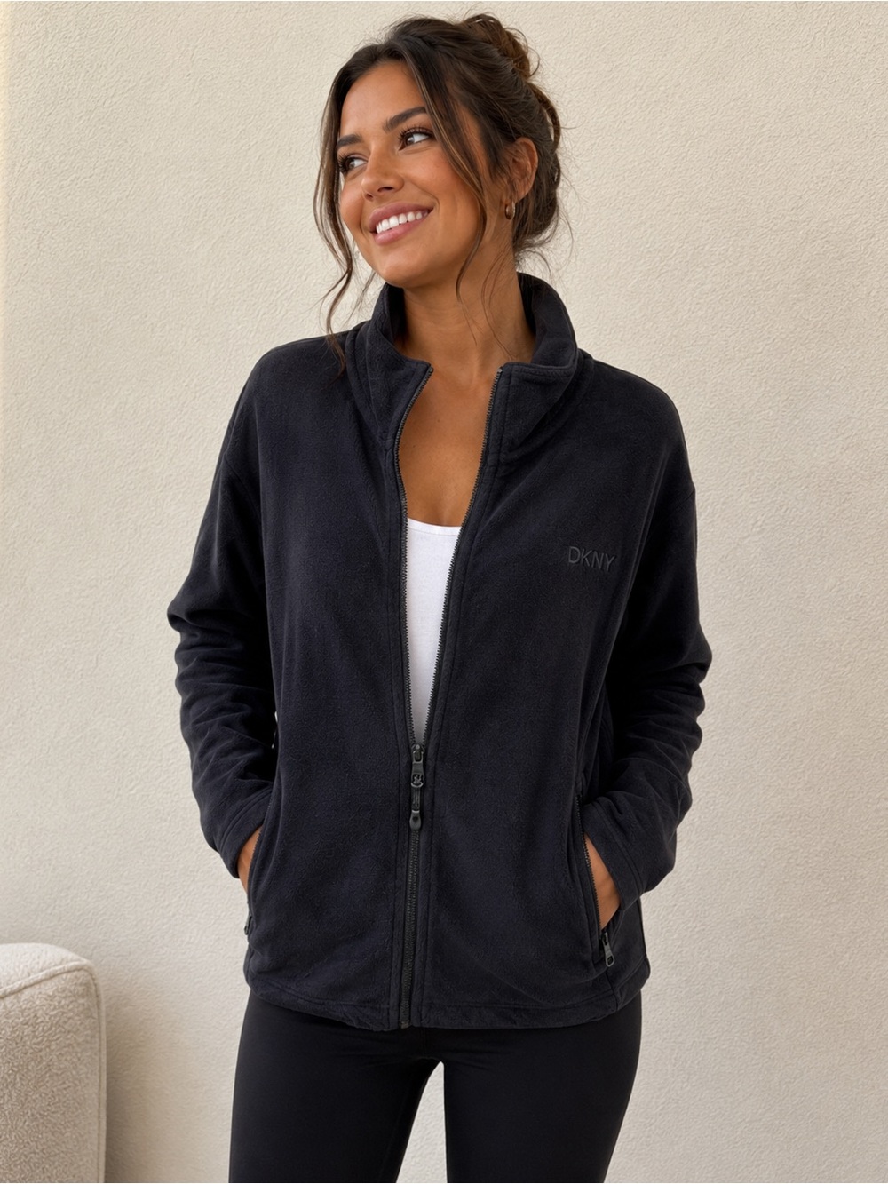 DKNY Black Full-Zip Teddy Fleece Jacket
